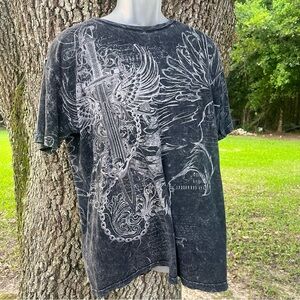 Y2K MENS XL BLACK GRAY ANGEL WINGS CROSS TATOO SHORT SLEEVE GRAPHIC T SHIRT